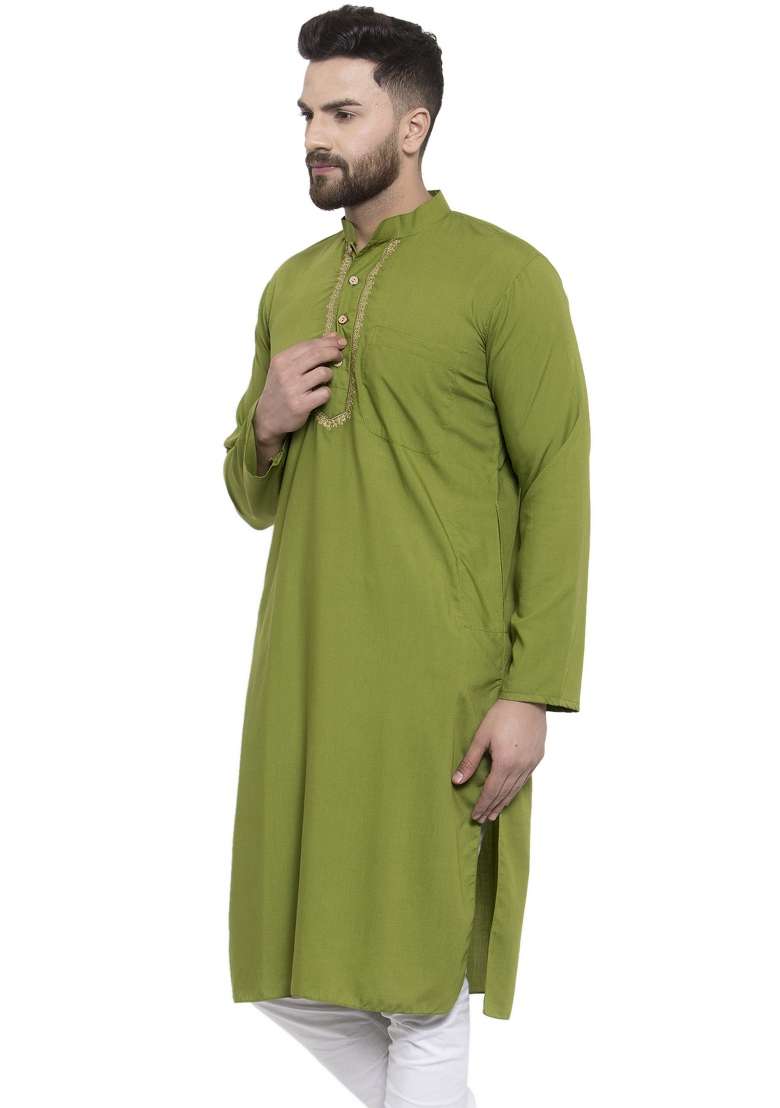 Green Embroidery Sequins Work Dupion Silk Blend Kurta For Men - Indya