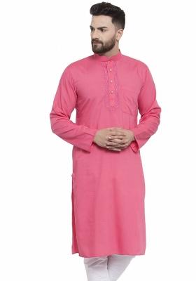 Pink Embroidery Sequins Work Dupion Silk Kurta For Men
