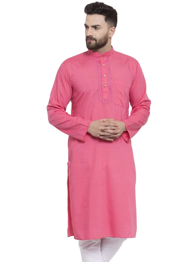 Pink Embroidery Sequins Work Dupion Silk Blend Kurta For Men - Indya