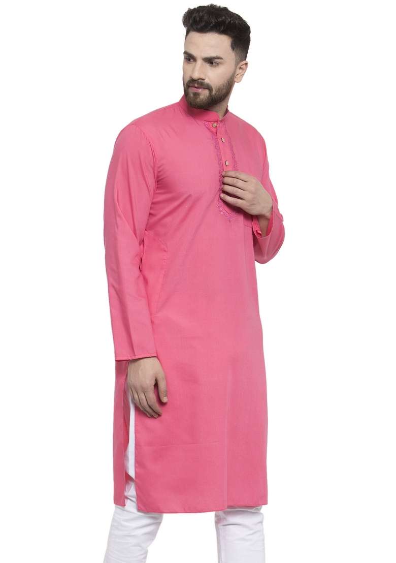 Pink Embroidery Sequins Work Dupion Silk Blend Kurta For Men - Indya
