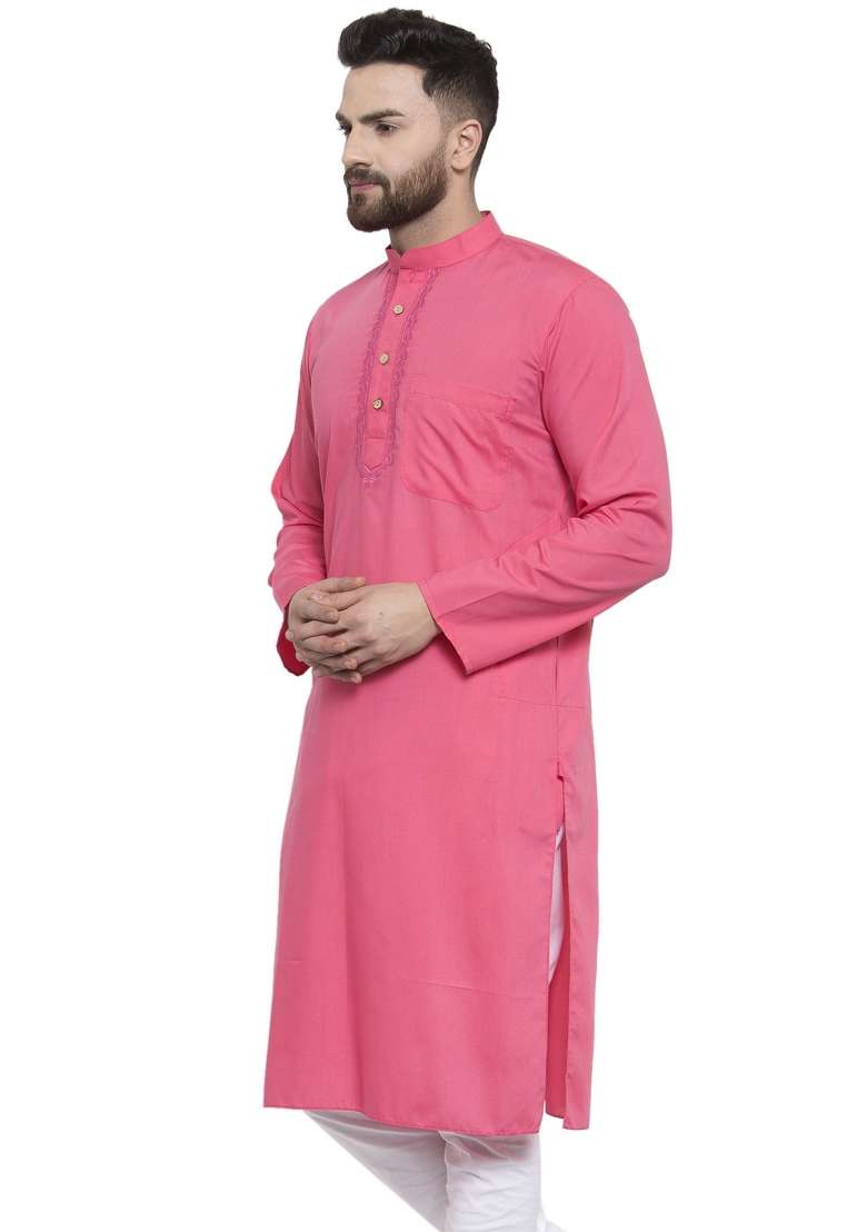 Pink Embroidery Sequins Work Dupion Silk Blend Kurta For Men - Indya
