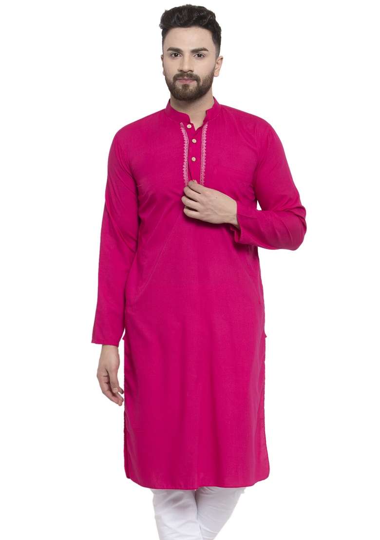 Dark Pink Embroidery Sequins Work Dupion Silk Blend Kurta For Men - Indya