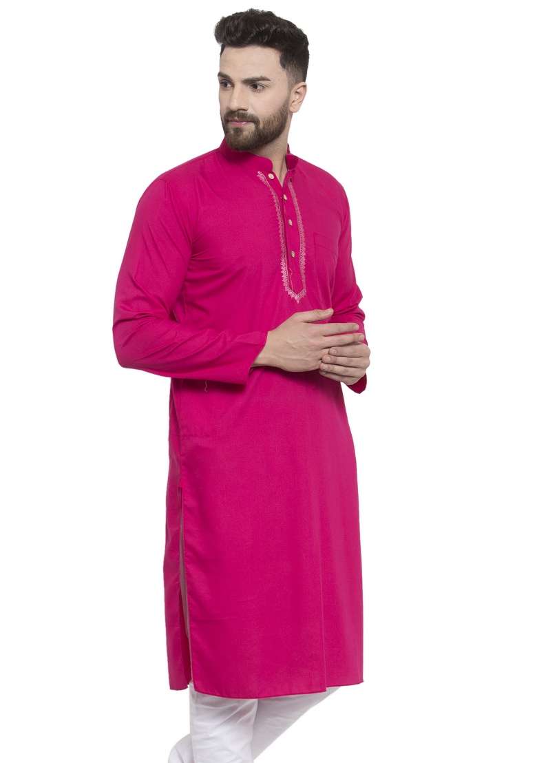Dark Pink Embroidery Sequins Work Dupion Silk Blend Kurta For Men - Indya