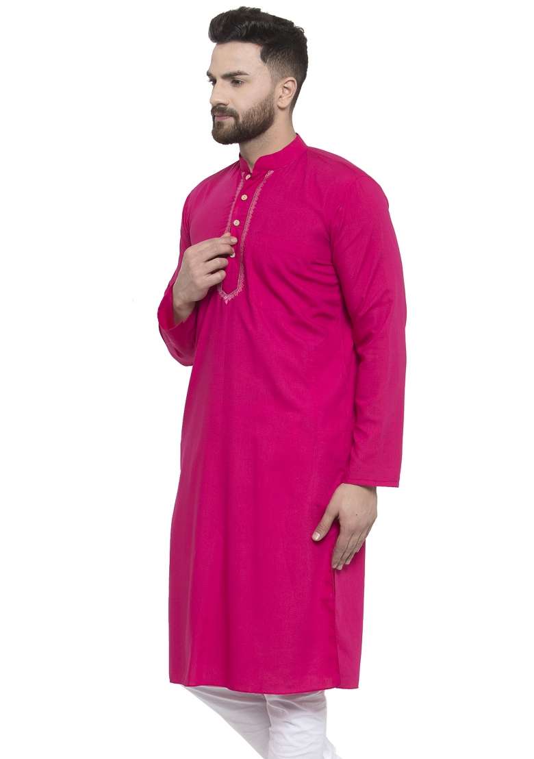 Dark Pink Embroidery Sequins Work Dupion Silk Blend Kurta For Men - Indya