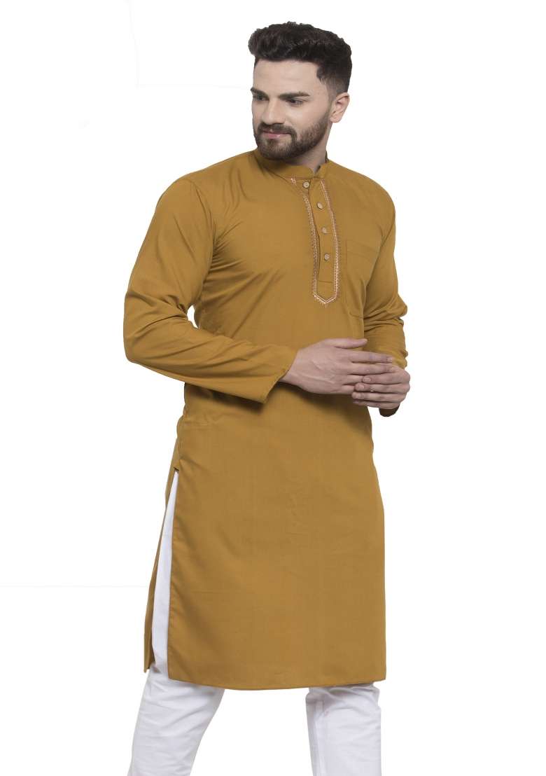 Yellow Embroidery Sequins Work Dupion Silk Blend Kurta For Men - Indya