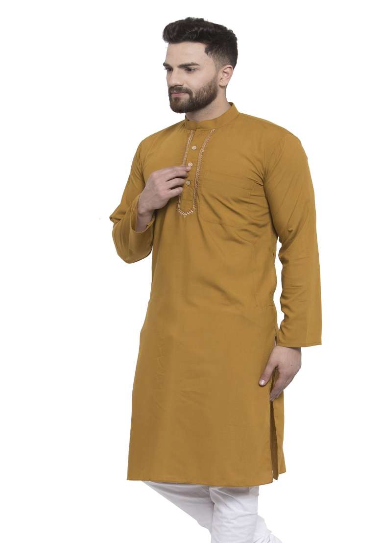 Yellow Embroidery Sequins Work Dupion Silk Blend Kurta For Men - Indya