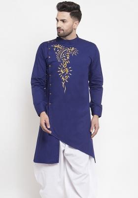 Royal Blue Embroidery Sequins Work Dupion Silk Kurta For Men