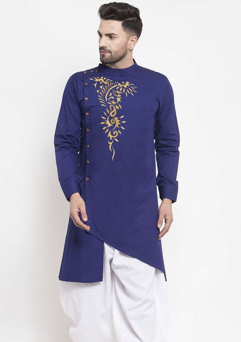 Royal Blue Embroidery Sequins Work Dupion Silk Blend Kurta For Men - Indya