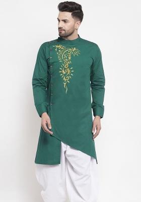 Green Embroidery Sequins Work Dupion Silk Blend Kurta For Men