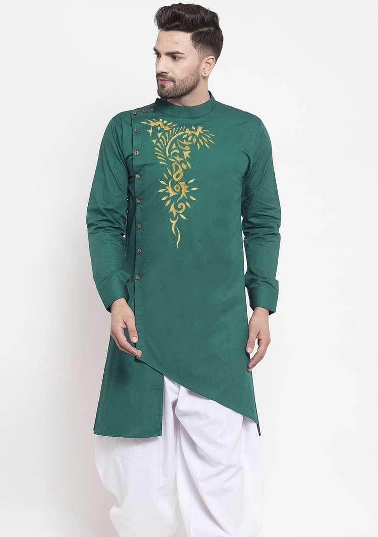 Green Embroidery Sequins Work Dupion Silk Blend Kurta For Men - Indya
