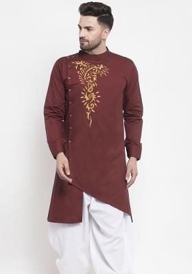 Maroon Embroidery Sequins Work Dupion Silk Blend Kurta For Men