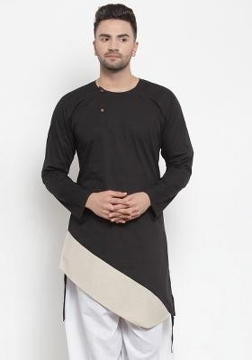 Black Embroidery Sequins Work Dupion Silk Blend Kurta For Men