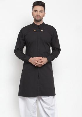 Black Embroidery Sequins Work Dupion Silk Blend Kurta For Men