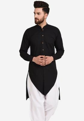 Black Embroidery Sequins Work Dupion Silk Blend Kurta For Men