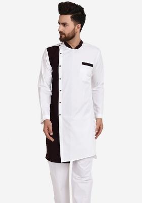White Embroidery Sequins Work Dupion Silk Blend Kurta For Men