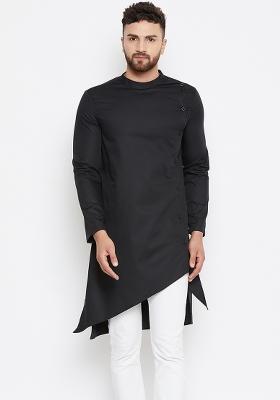 Black Embroidery Sequins Work Dupion Silk Blend Kurta For Men