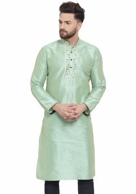 Green Embroidery Sequins Work Dupion Silk Blend Kurta For Men