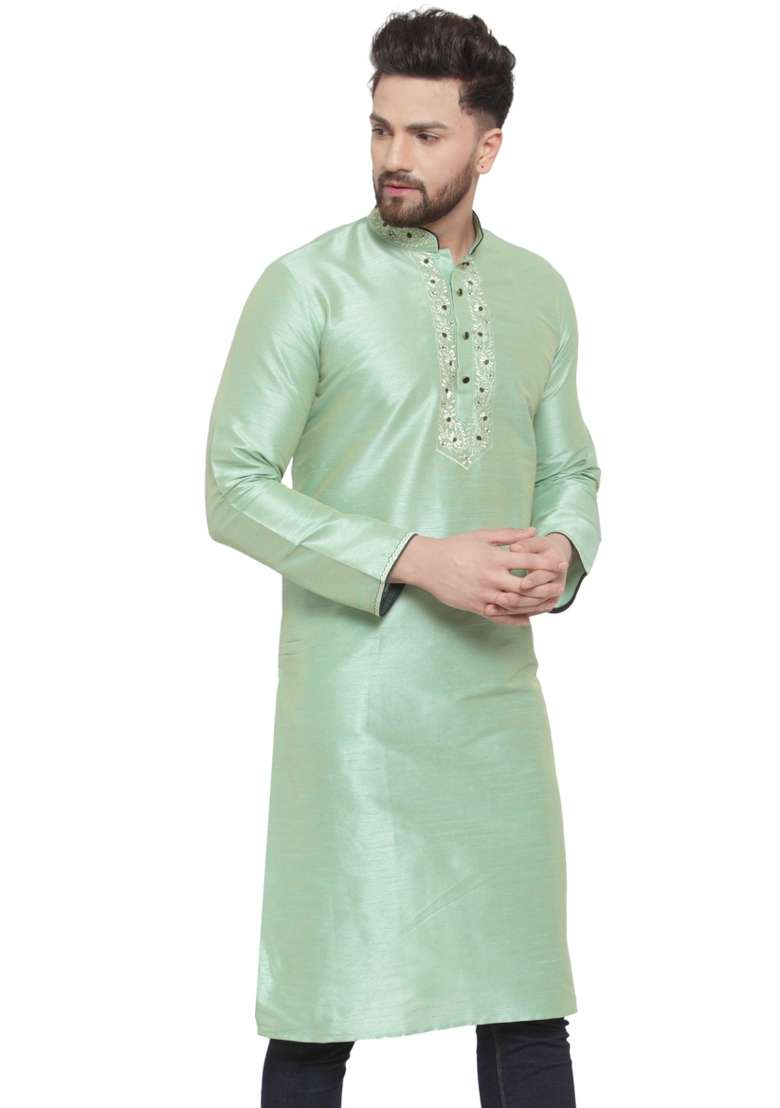 Green Embroidery Sequins Work Dupion Silk Blend Kurta For Men - Indya