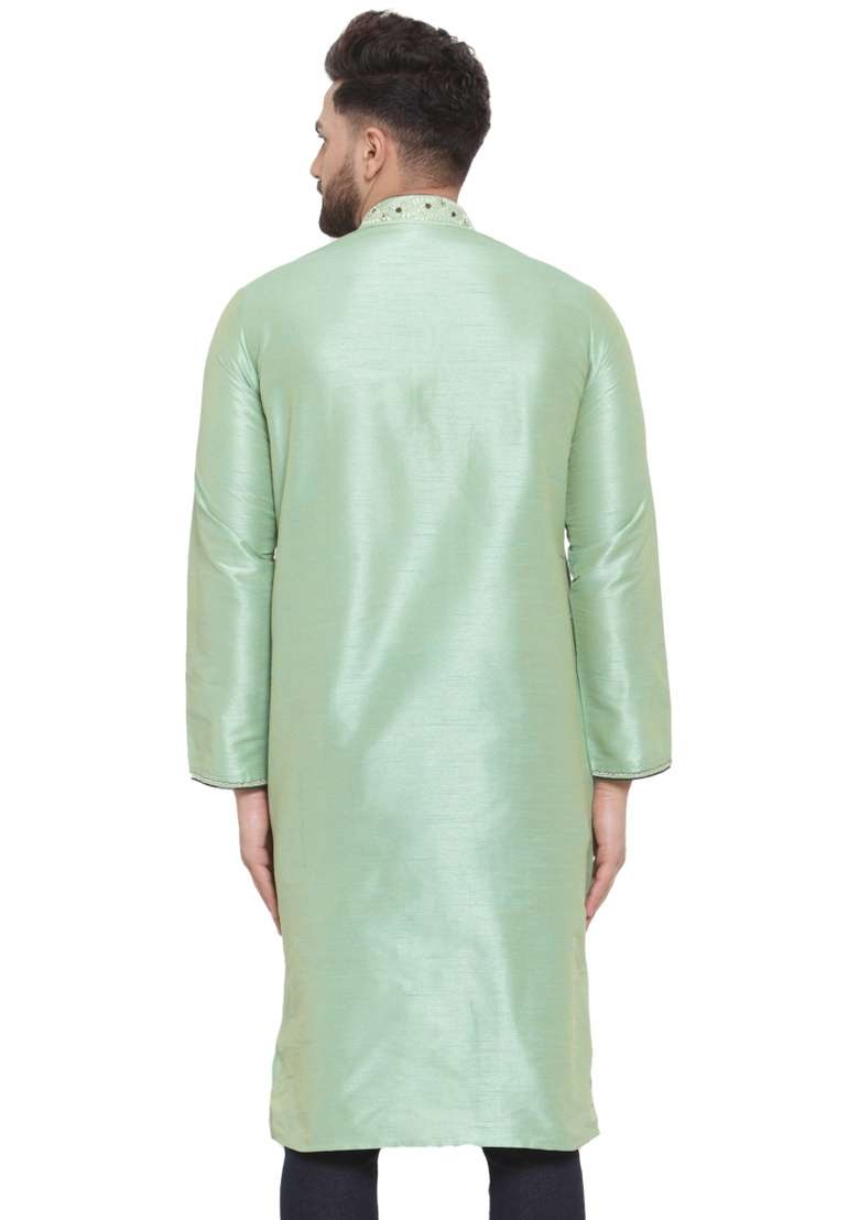 Green Embroidery Sequins Work Dupion Silk Blend Kurta For Men - Indya