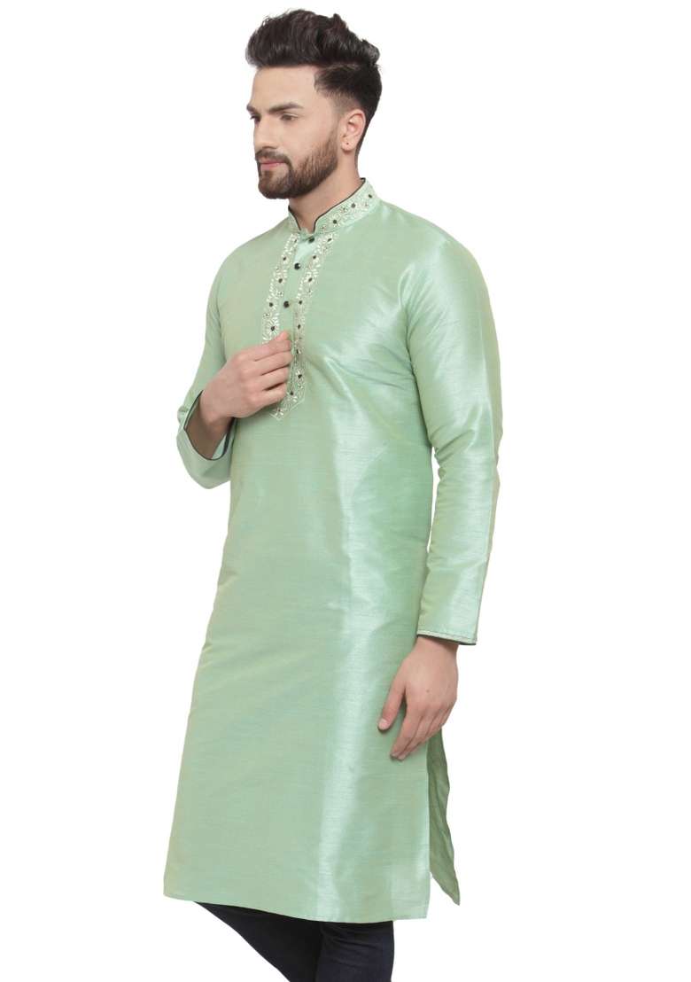 Green Embroidery Sequins Work Dupion Silk Blend Kurta For Men - Indya