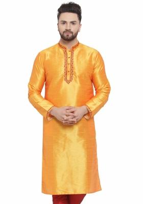 Yellow Embroidery Sequins Work Dupion Silk Blend Kurta For Men