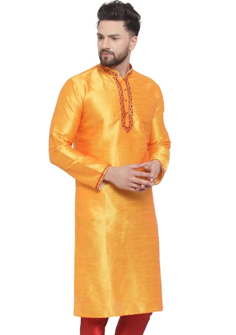 Yellow Embroidery Sequins Work Dupion Silk Blend Kurta For Men - Indya