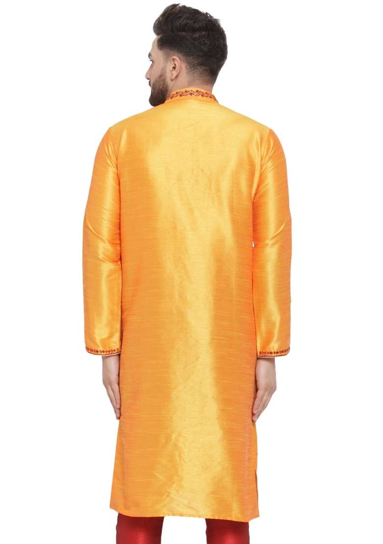 Yellow Embroidery Sequins Work Dupion Silk Blend Kurta For Men - Indya