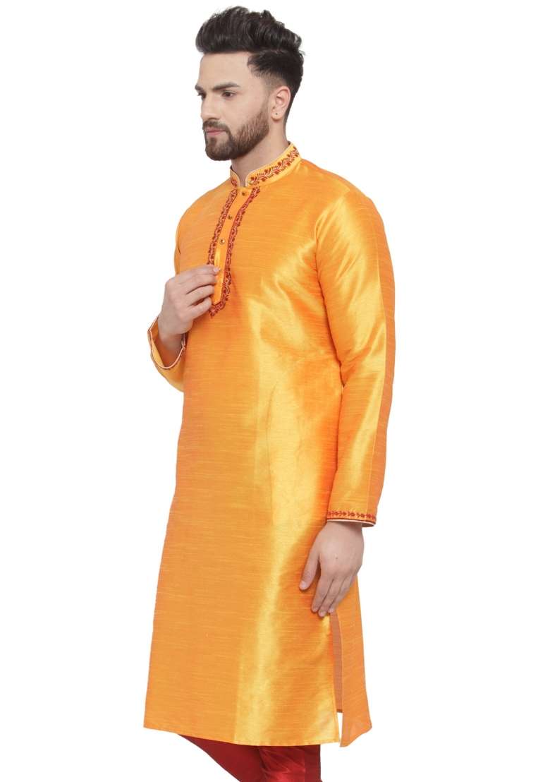 Yellow Embroidery Sequins Work Dupion Silk Blend Kurta For Men - Indya