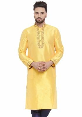 Yellow Embroidery Sequins Work Dupion Silk Blend Kurta For Men