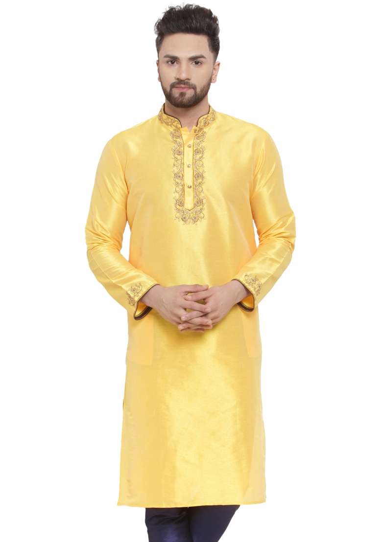 Yellow Embroidery Sequins Work Dupion Silk Blend Kurta For Men - Indya