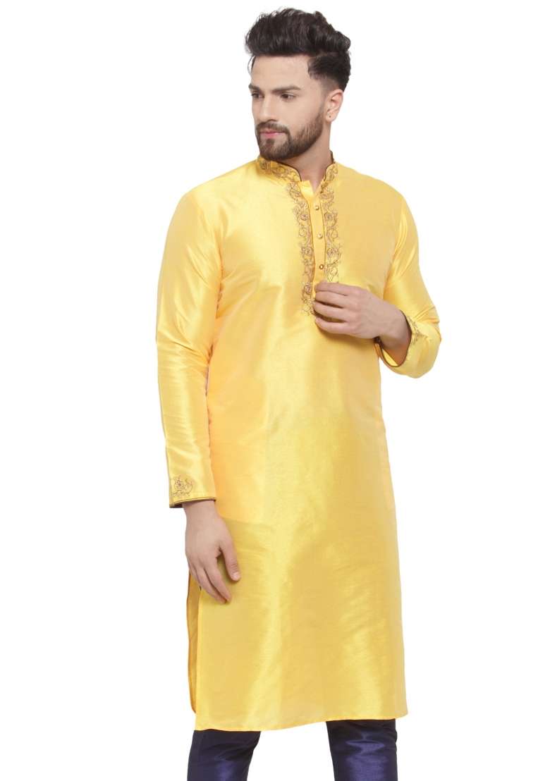 Yellow Embroidery Sequins Work Dupion Silk Blend Kurta For Men - Indya