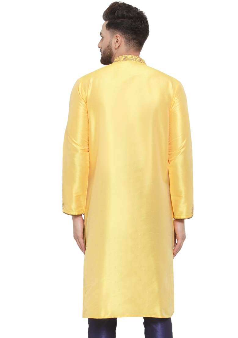 Yellow Embroidery Sequins Work Dupion Silk Blend Kurta For Men - Indya