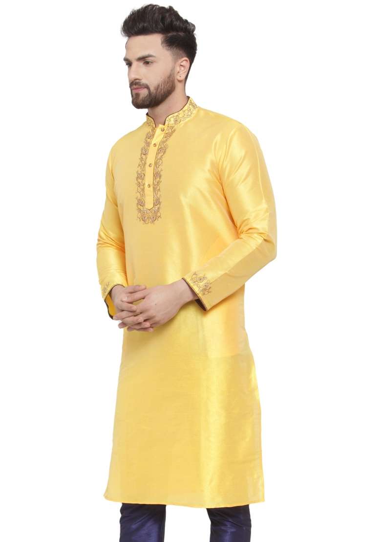 Yellow Embroidery Sequins Work Dupion Silk Blend Kurta For Men - Indya