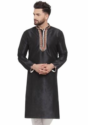 Black Embroidery Sequins Work Dupion Silk Kurta For Men