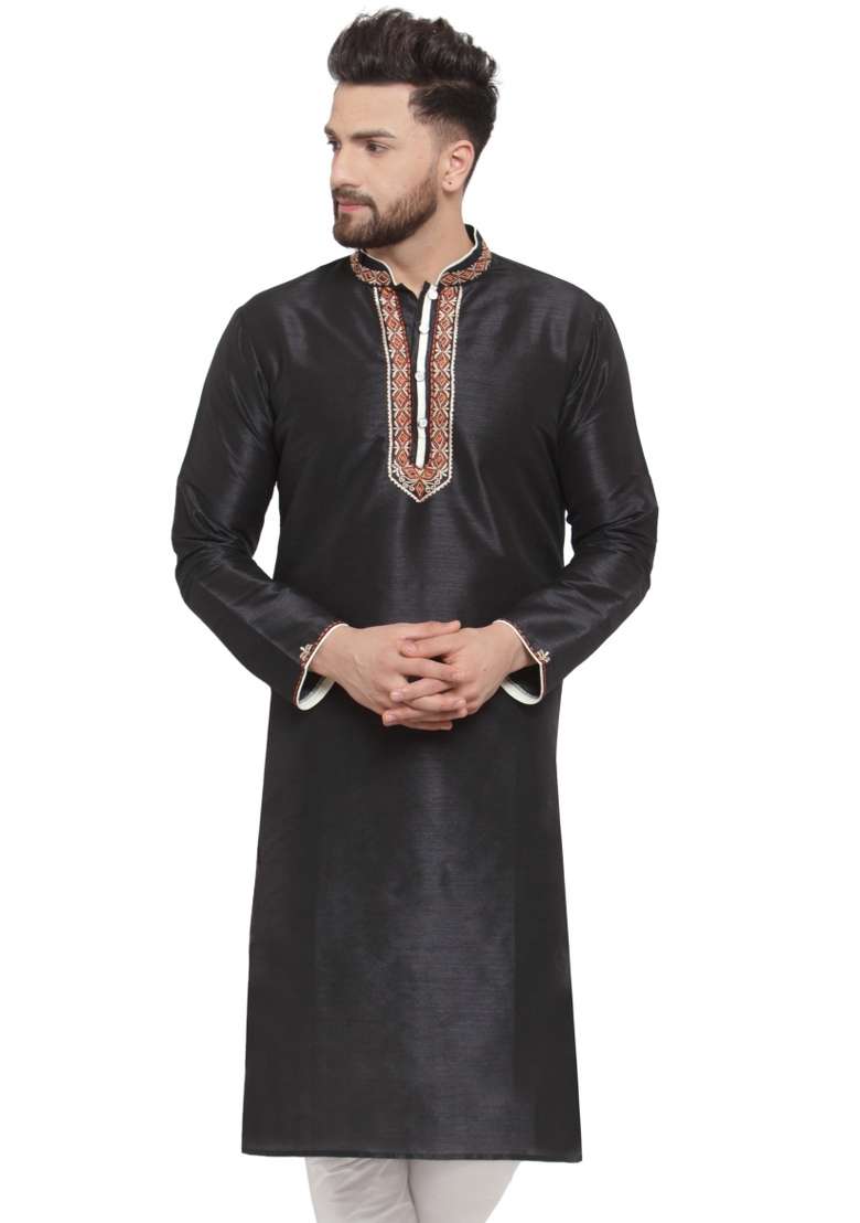 Black Embroidery Sequins Work Dupion Silk Blend Kurta For Men - Indya