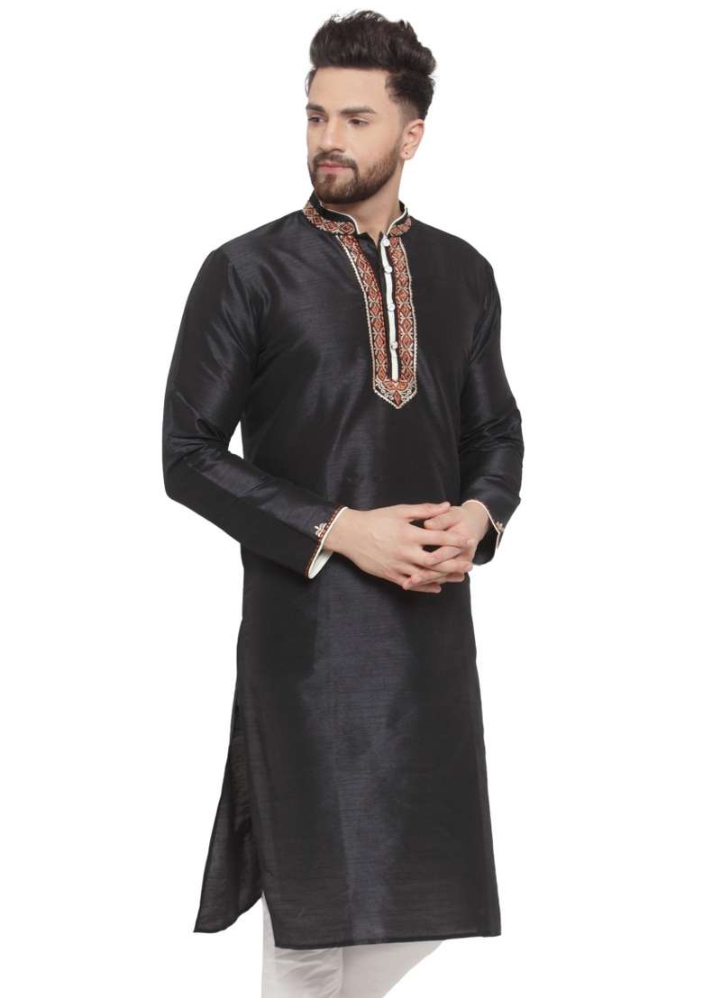 Black Embroidery Sequins Work Dupion Silk Blend Kurta For Men - Indya