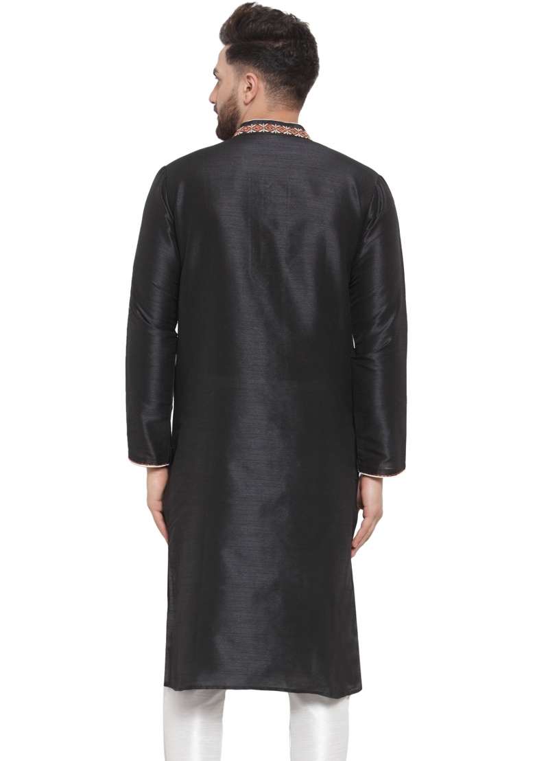 Black Embroidery Sequins Work Dupion Silk Blend Kurta For Men - Indya