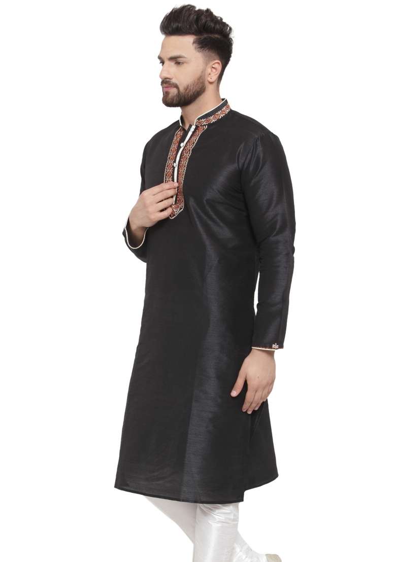 Black Embroidery Sequins Work Dupion Silk Blend Kurta For Men - Indya