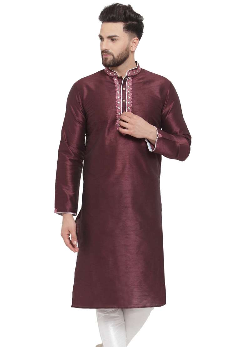 Purple Embroidery Sequins Work Dupion Silk Blend Kurta For Men - Indya