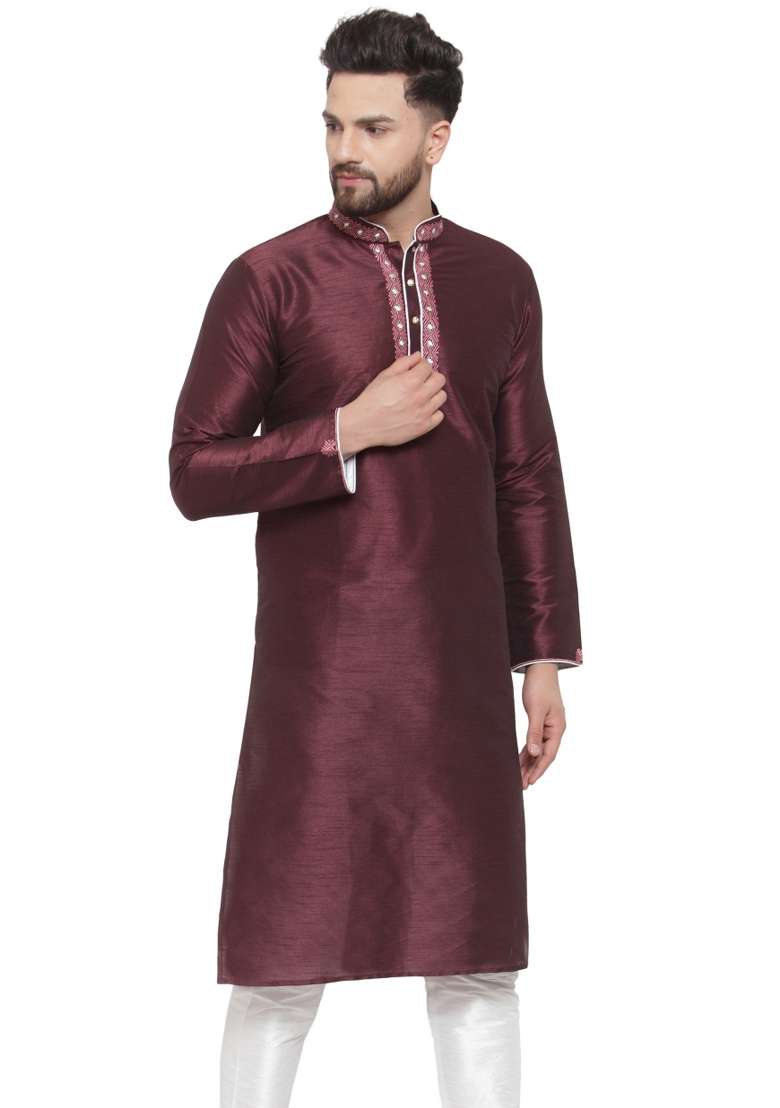Purple Embroidery Sequins Work Dupion Silk Blend Kurta For Men - Indya