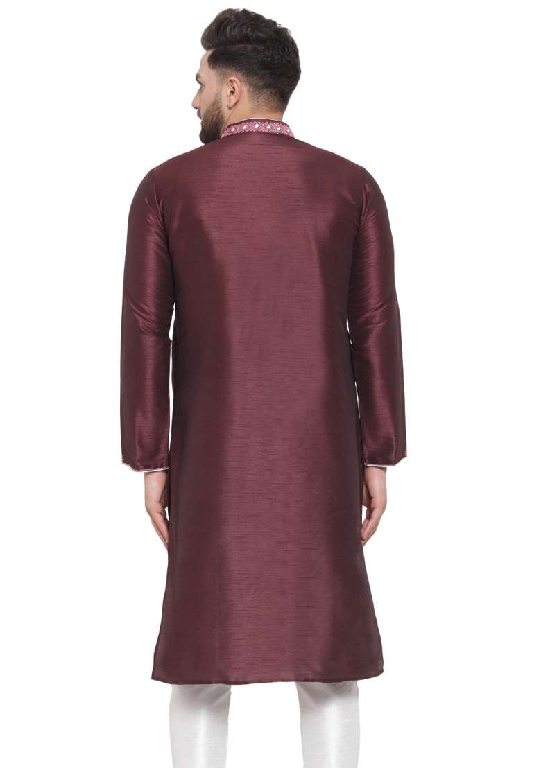 Purple Embroidery Sequins Work Dupion Silk Blend Kurta For Men - Indya