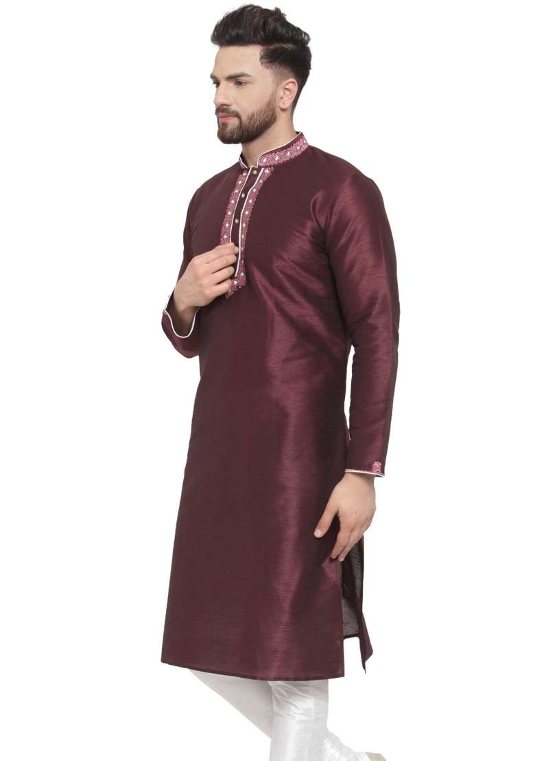 Purple Embroidery Sequins Work Dupion Silk Blend Kurta For Men - Indya