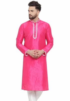 Dark Pink Embroidery Sequins Work Dupion Silk Kurta For Men