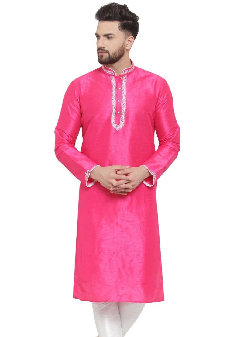 Dark Pink Embroidery Sequins Work Dupion Silk Blend Kurta For Men - Indya