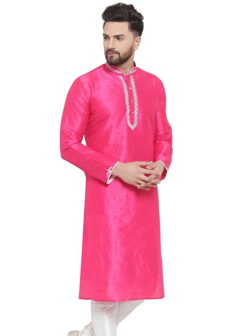 Dark Pink Embroidery Sequins Work Dupion Silk Blend Kurta For Men - Indya