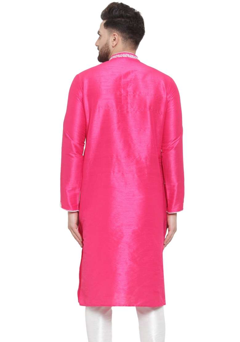 Dark Pink Embroidery Sequins Work Dupion Silk Blend Kurta For Men - Indya