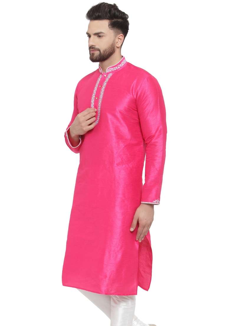 Dark Pink Embroidery Sequins Work Dupion Silk Blend Kurta For Men - Indya