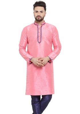 Pink Embroidery Sequins Work Dupion Silk Kurta For Men