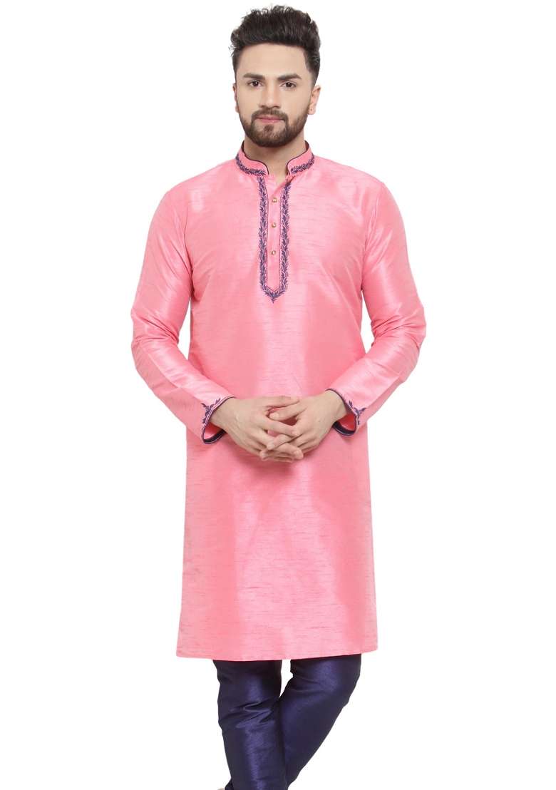 Pink Embroidery Sequins Work Dupion Silk Blend Kurta For Men - Indya