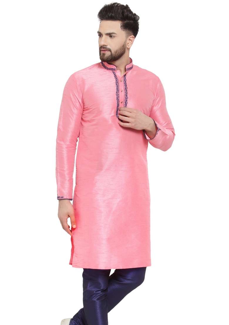 Pink Embroidery Sequins Work Dupion Silk Blend Kurta For Men - Indya